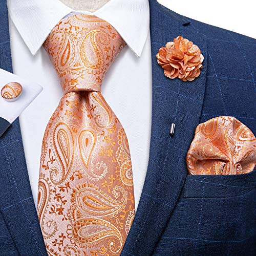 DiBanGu Silk Ties for Men Necktie and Lapel Pin Brooch Set Formal Woven Paisley Plaid Striped Solid Tie Wedding Party, Coral Orange - Image 3