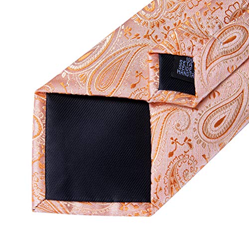 DiBanGu Silk Ties for Men Necktie and Lapel Pin Brooch Set Formal Woven Paisley Plaid Striped Solid Tie Wedding Party, Coral Orange - Image 5