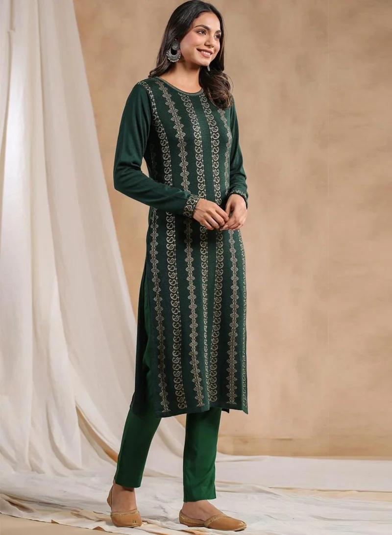 آي شين Women's Green Polyester Blend Embellished Tunic Straight Fit Kurta