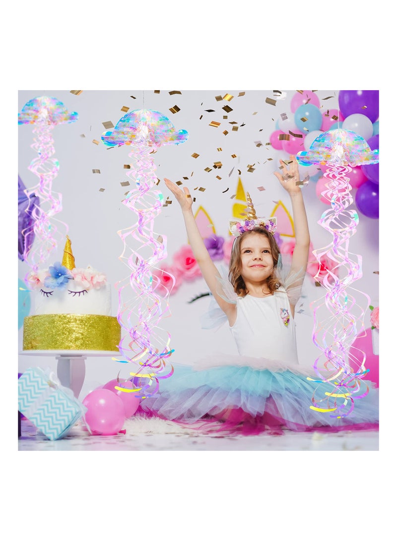 SOLARAE 4 Pieces Glitter Iridescent Jellyfish Honeycomb Mermaid Party Jellyfish Lanterns Ocean Blue Hanging Jellyfish Decorations Under The Sea Honeycomb Decorations Coaster Ocean Jellyfish Decor - Image 4