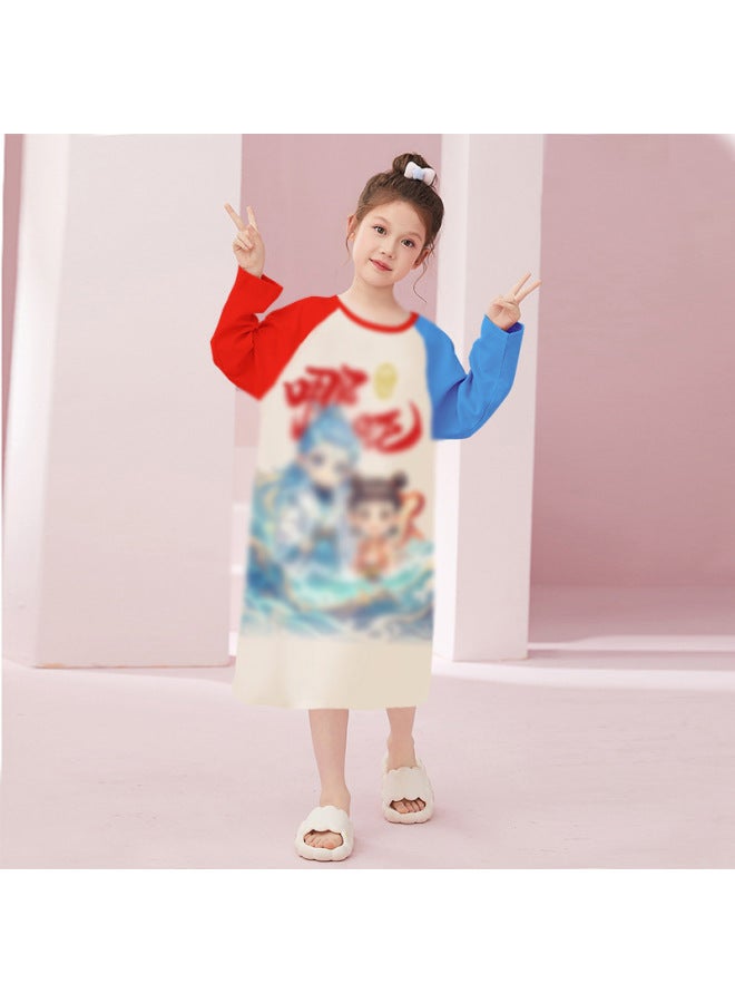 Children's Pure Cotton Nightgown Spring & Fall New Cute Princess Style Round Neck Pajamas Girls Korean Style Loose Long-sleeved Home Clothes