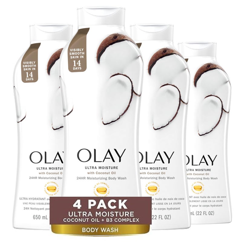 Olay Body Wash for Women, Ultra Moisture, 24hr Moisturizing, Hydrating & Refreshing, B3 Vitamin Complex, Free of Parabens & Phthalates, For All Skin Types, Coconut Oil Scent, 22 fl oz (Pack of 4) - Image 1