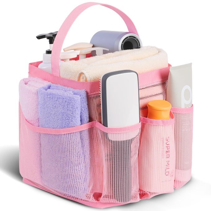 MESH SHOWER CADDY PORTABLE FOR COLLEGE DORM ROOM ESSENTIALSPORTABLE SHOWER CADDY DORM WITH 8POCKET LARGE CAPACITY SHOWER BAG FOR BEACH SWIMMING GYMPINK