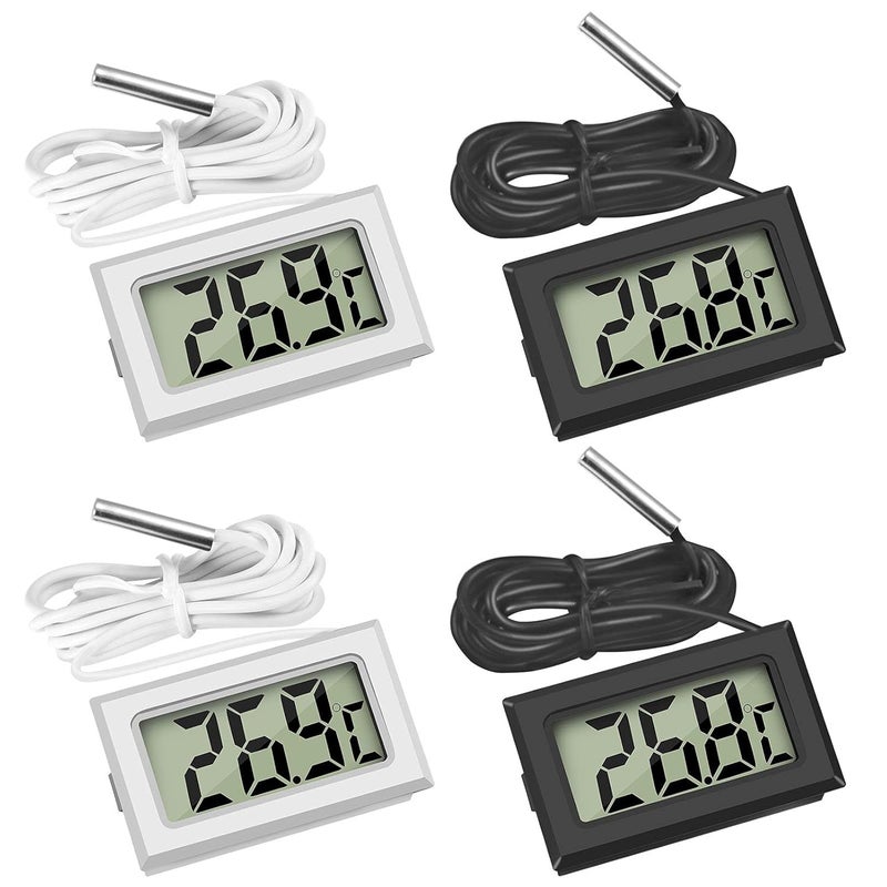 Thlevel 4x Digital LCD Thermometer Temperature Monitor with External Probe for Fridge Freezer Refrigerator Aquarium (2x Black 2x White) - Image 1