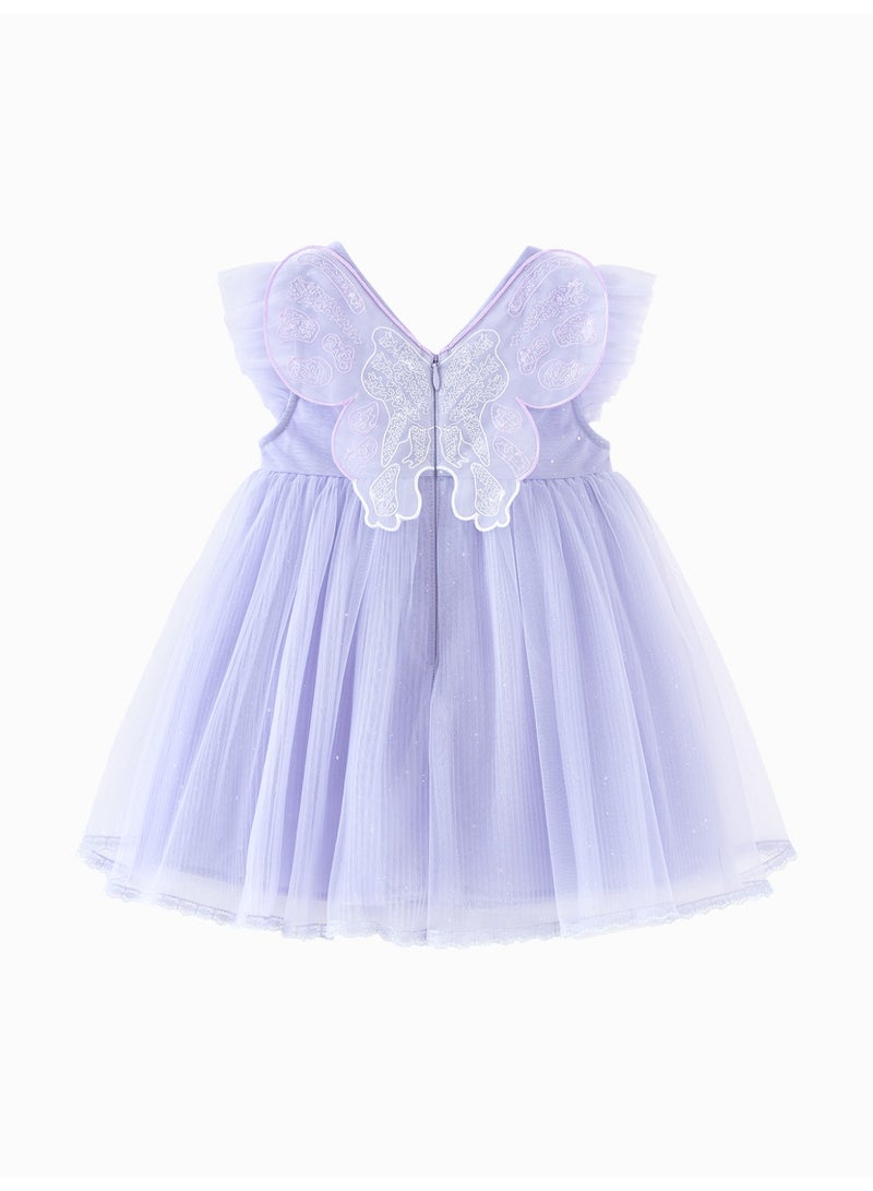 ميني بالا فستان ساحر بأكمام مرفرفة للفتيات، مصنوع من قماش التول الناعم القابل للتنفس، تفاصيل مكشكشة، تطريز فراشة في الخلف، حواف دانتيل، مثالي للحفلات وحفلات الزفاف والمناسبات الخاصة للأطفال - Image 5