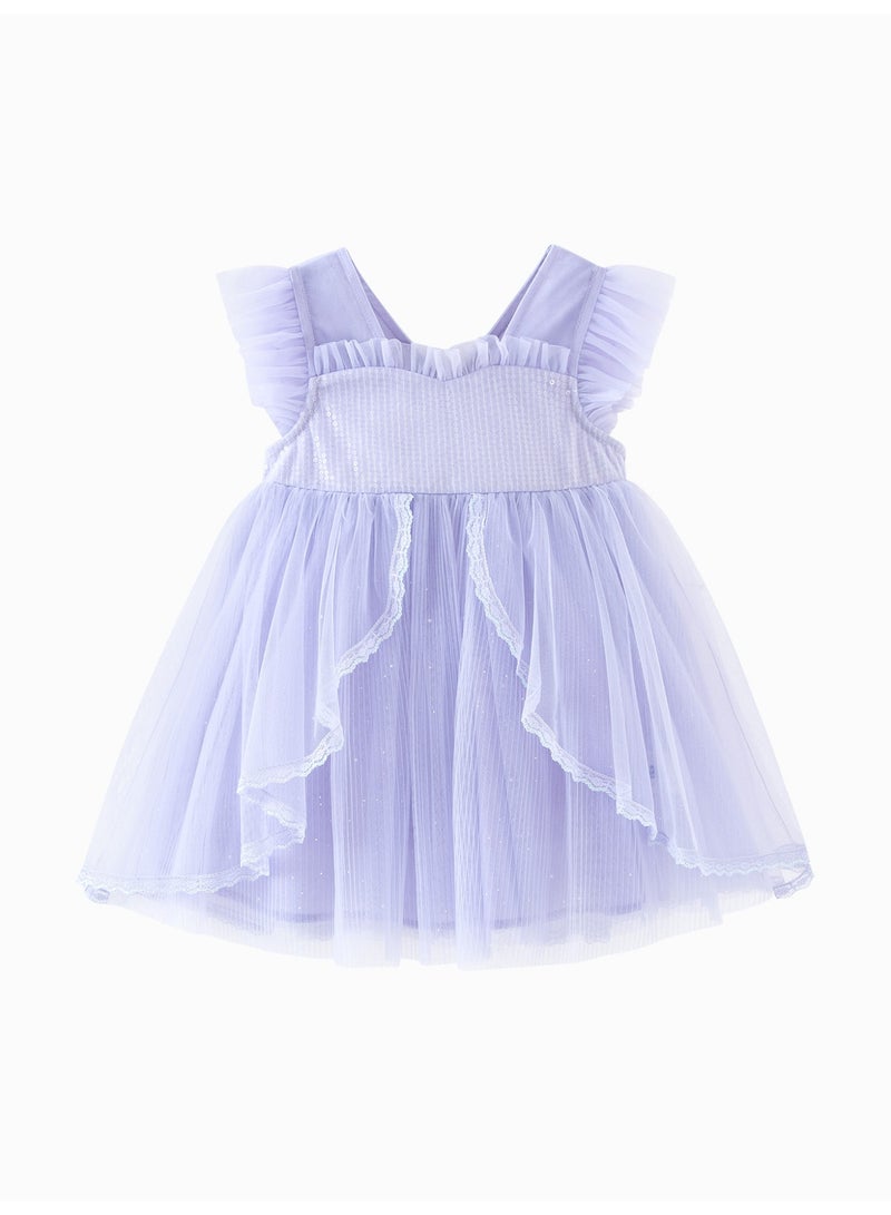 ميني بالا فستان ساحر بأكمام مرفرفة للفتيات، مصنوع من قماش التول الناعم القابل للتنفس، تفاصيل مكشكشة، تطريز فراشة في الخلف، حواف دانتيل، مثالي للحفلات وحفلات الزفاف والمناسبات الخاصة للأطفال - Image 4