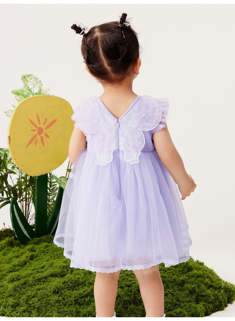 ميني بالا فستان ساحر بأكمام مرفرفة للفتيات، مصنوع من قماش التول الناعم القابل للتنفس، تفاصيل مكشكشة، تطريز فراشة في الخلف، حواف دانتيل، مثالي للحفلات وحفلات الزفاف والمناسبات الخاصة للأطفال - Image 3
