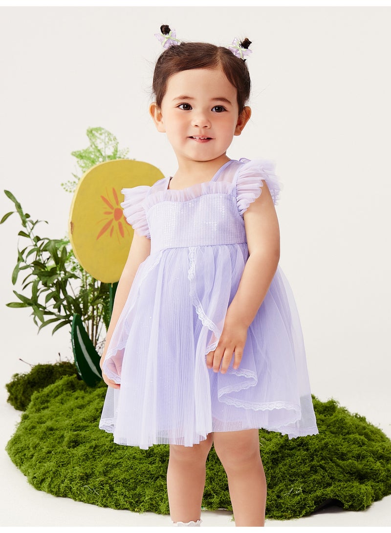 ميني بالا فستان ساحر بأكمام مرفرفة للفتيات، مصنوع من قماش التول الناعم القابل للتنفس، تفاصيل مكشكشة، تطريز فراشة في الخلف، حواف دانتيل، مثالي للحفلات وحفلات الزفاف والمناسبات الخاصة للأطفال - Image 2