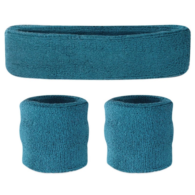 Suddora Sweatbands Set, Moisture Wicking 2 Wristbands and 1 Headband, Breathable Terry Cloth Athletic Bands for Basketball, Tennis, Yoga, Gym, Sweat Bands for Costumes and Cosplay, Teal - Image 1