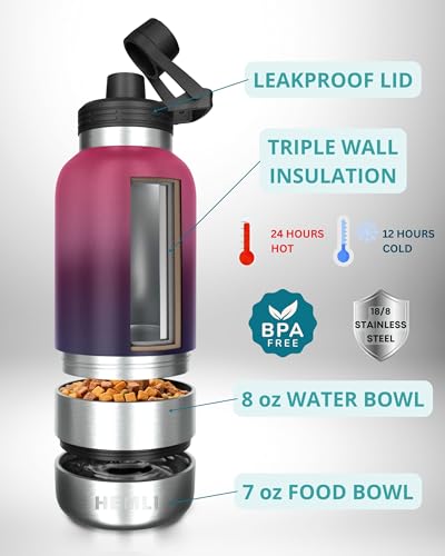 HEMLI 32 oz. Dog Water Bottle, Insulated Dog Travel Water Bottle, Stainless Steel Pet Water Bottle Dispenser Portable Food and Water Bowl for Dogs with Carrying Case for Walking Dog Canteen Travel Kit - Image 2