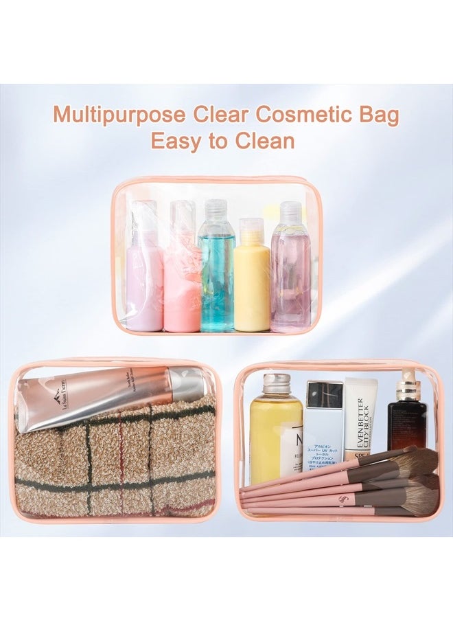 APREUTY - Clear Makeup Bags, TSA Approved 3Pcs Cosmetic Makeup Bags Set Clear PVC with Zipper Handle Portable Travel Luggage Pouch Airport Airline Vacation Organization（Pink - Image 1