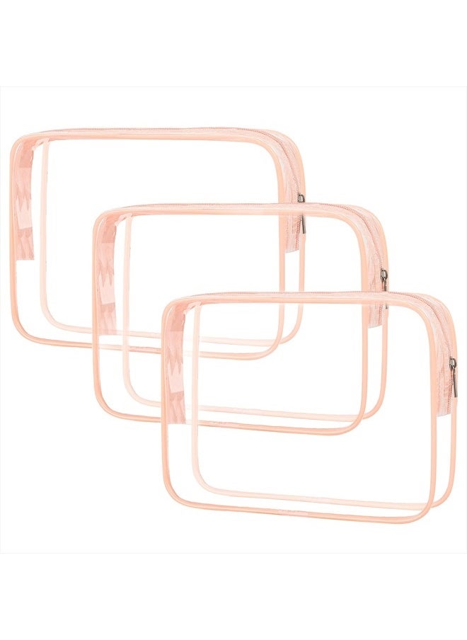 APREUTY - Clear Makeup Bags, TSA Approved 3Pcs Cosmetic Makeup Bags Set Clear PVC with Zipper Handle Portable Travel Luggage Pouch Airport Airline Vacation Organization（Pink - Image 1