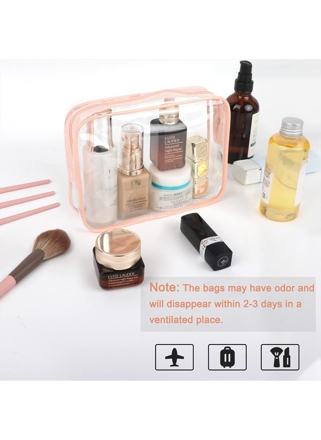 APREUTY - Clear Makeup Bags, TSA Approved 3Pcs Cosmetic Makeup Bags Set Clear PVC with Zipper Handle Portable Travel Luggage Pouch Airport Airline Vacation Organization（Pink - Image 1