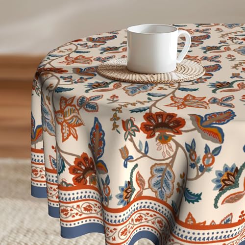 Imiss Floral Round Tablecloth Durable Washable Table Cover Bohemian Blue Red Floral Branches Decorative Farmhouse Table Cloth 60 Inch for Kitchen Dining Party Camping - Image 1