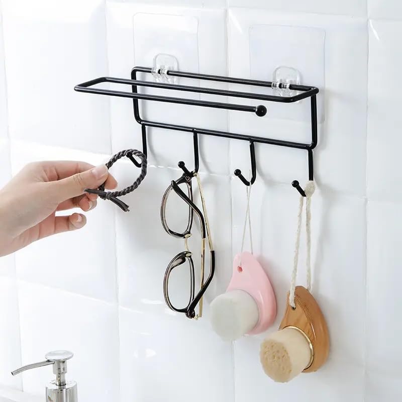 Printme Household Removable Nail Free Bathroom Towel Rack Kitchen Cabinet Spoon Egg Beater Holder Storage Hooks (Black) Pack of 1 - Image 5