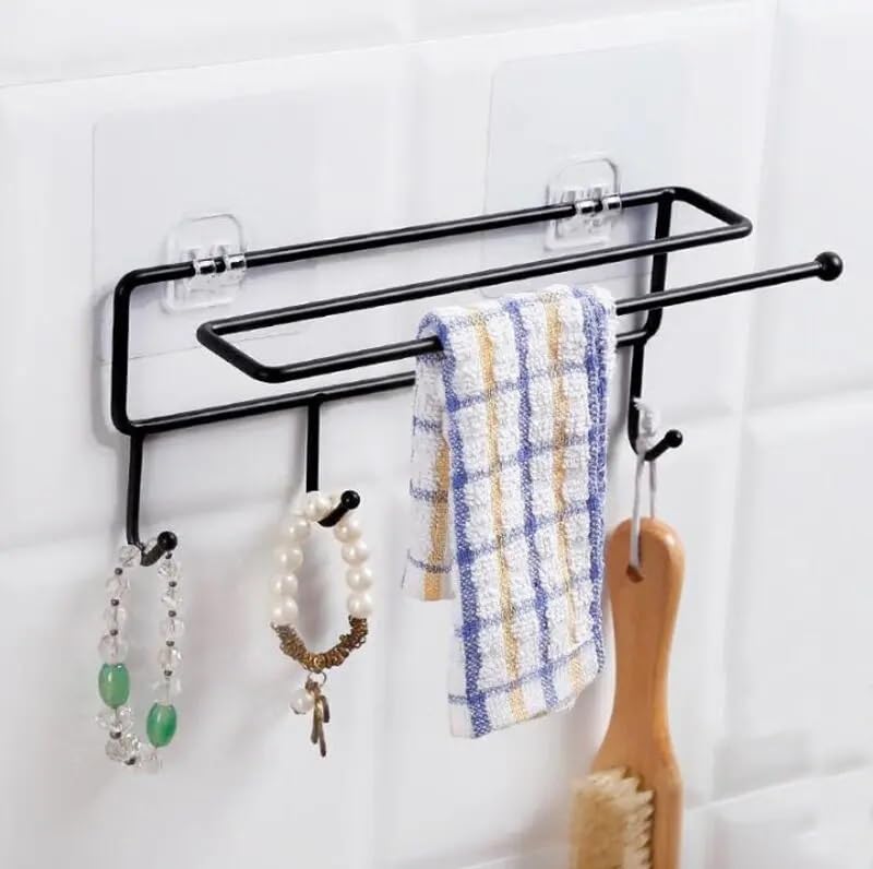 Printme Household Removable Nail Free Bathroom Towel Rack Kitchen Cabinet Spoon Egg Beater Holder Storage Hooks (Black) Pack of 1 - Image 4