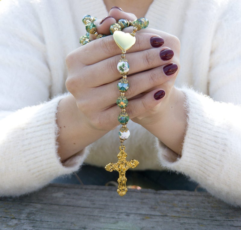 Nazareth Store Catholic Green Crystal Beads 10mm Rosary Flowers Beaded Necklace Miraculous Heart Locket Medal & Cross Religious Women Men Amulet 21" in Velvet Bag - Image 2