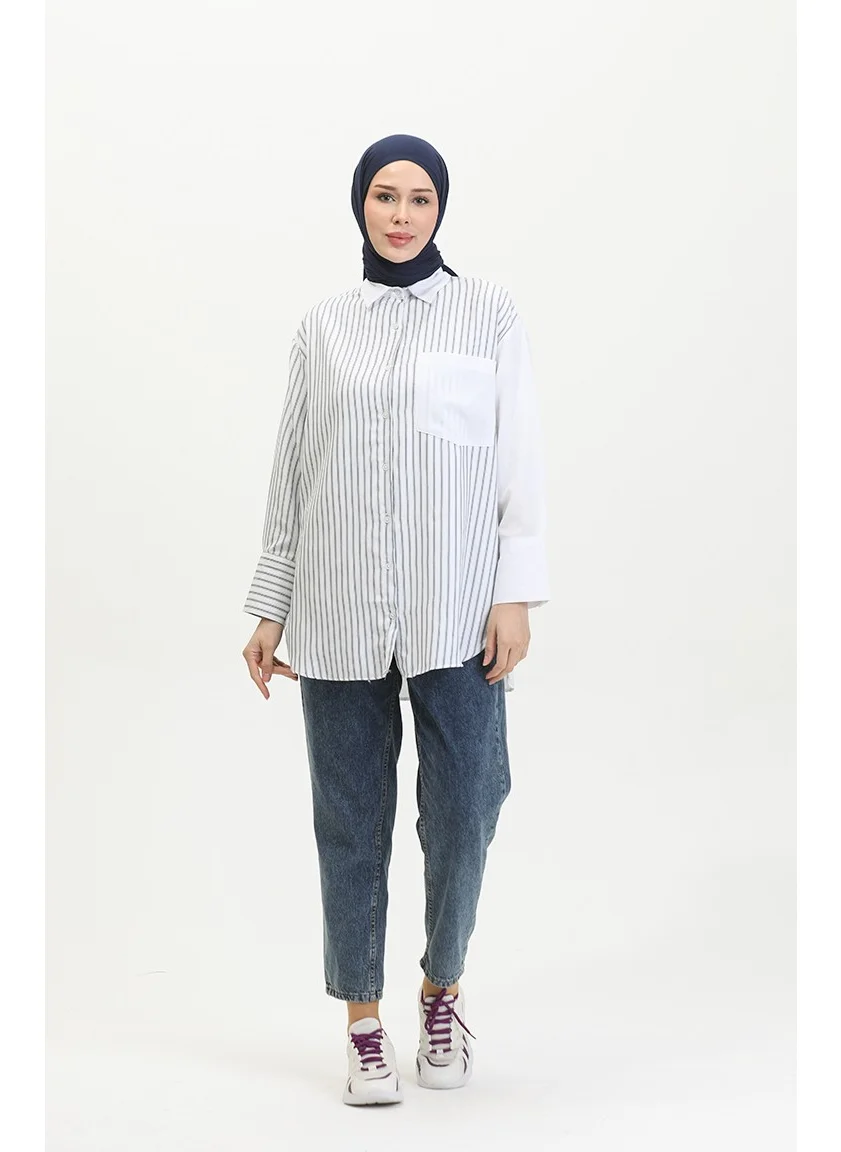 Sefa Merve Garnished Striped Shirt 4815-01 Navy Blue