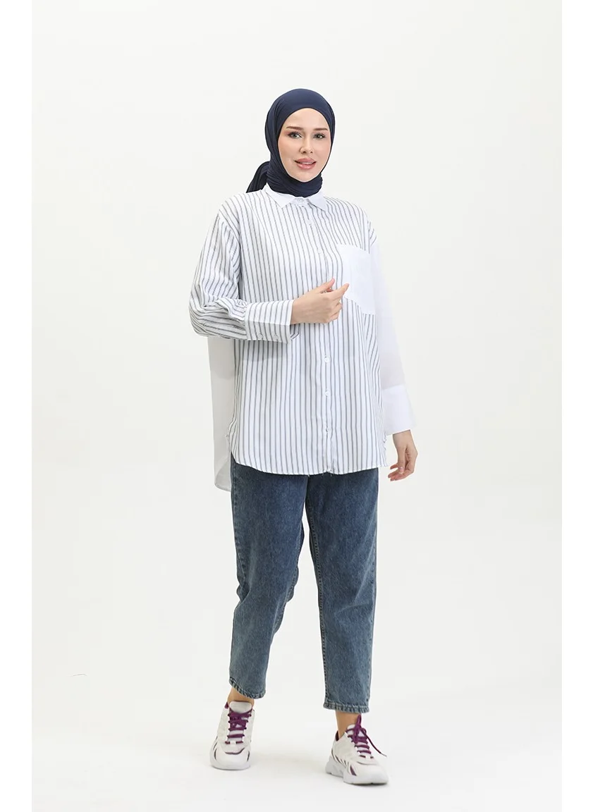 Sefa Merve Garnished Striped Shirt 4815-01 Navy Blue