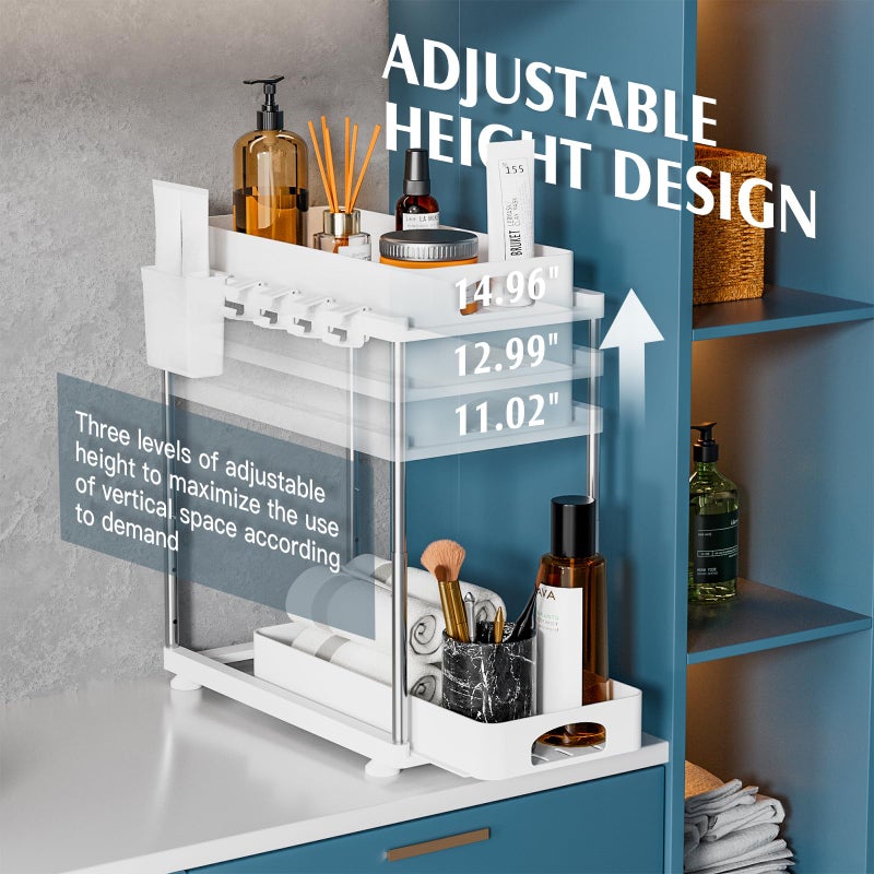 VERIFOST 2 Pack Under Sink Organizers and Storage, Double Sliding Kitchen Cabinet Organizer, 2 Tier Height Adjustable Countertop Organizer for Kitchen Bathroom Laundry, White - Image 4