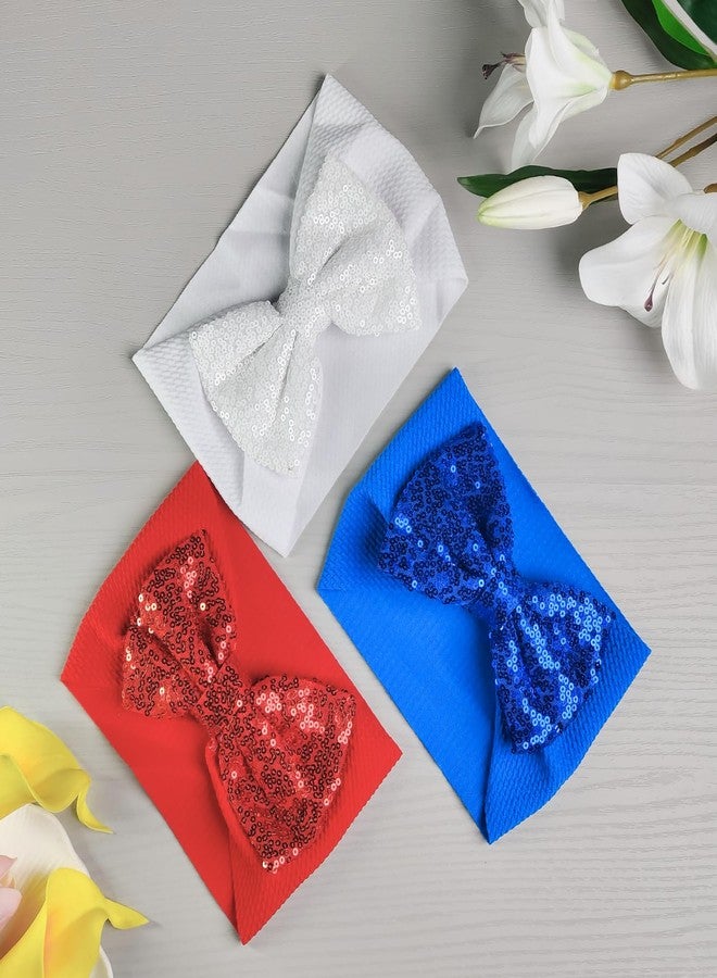 RedChimes 3Pcs Baby Headbands Soft Cotton Blend, Stretchy Elastic Hairbands with Sequin Bow Designs for Newborns & Toddlers, Comfortable Baby Girl Hair Accessories - Image 5