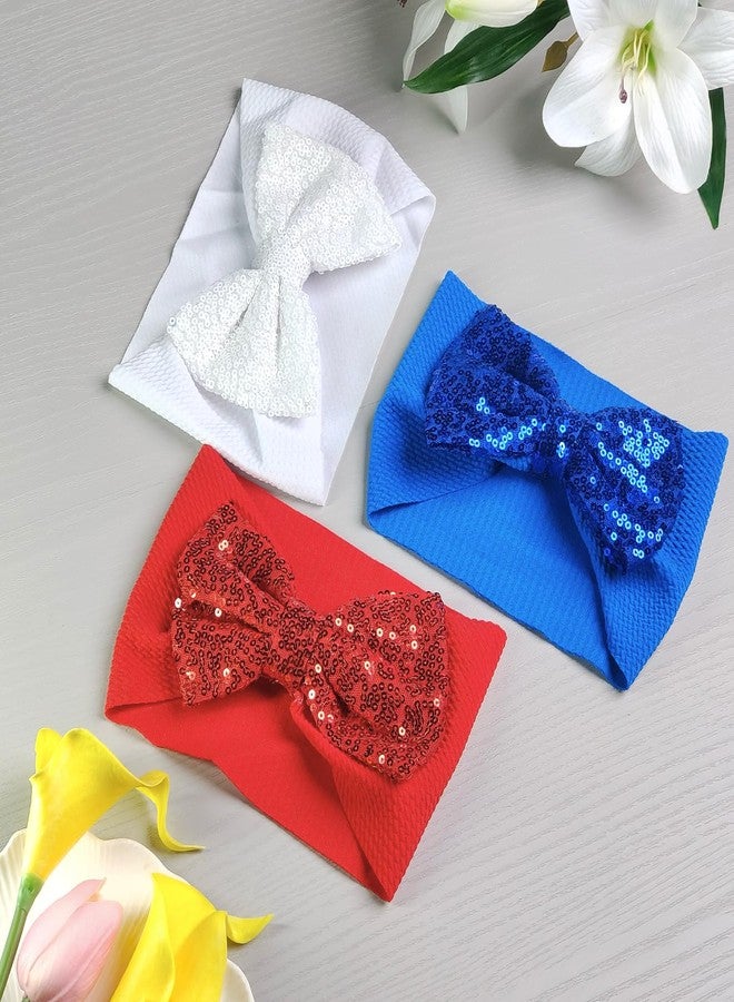 RedChimes 3Pcs Baby Headbands Soft Cotton Blend, Stretchy Elastic Hairbands with Sequin Bow Designs for Newborns & Toddlers, Comfortable Baby Girl Hair Accessories - Image 4