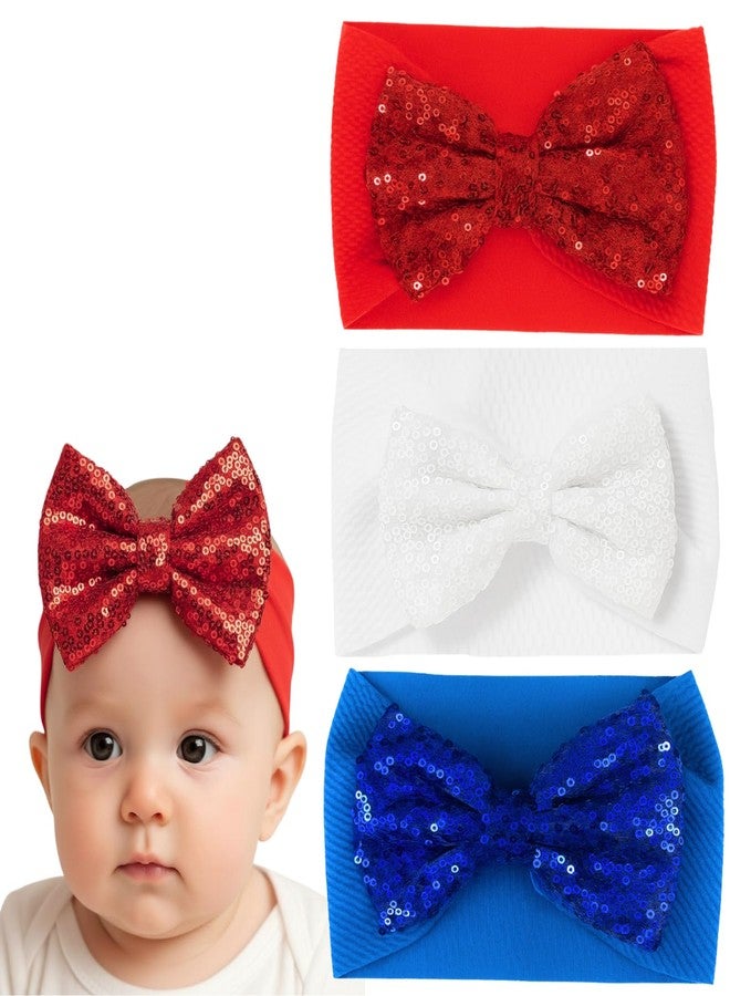 RedChimes 3Pcs Baby Headbands Soft Cotton Blend, Stretchy Elastic Hairbands with Sequin Bow Designs for Newborns & Toddlers, Comfortable Baby Girl Hair Accessories - Image 1