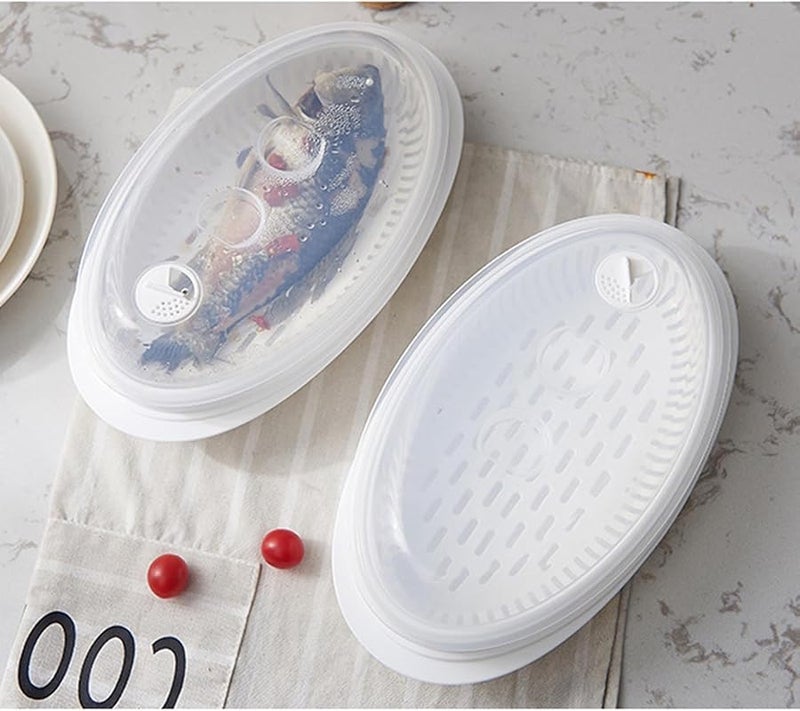 صينية تبخير بالميكروويف مع غطاء، أواني طهي متعددة الاستخدام للأسماك والخضروات - Image 4