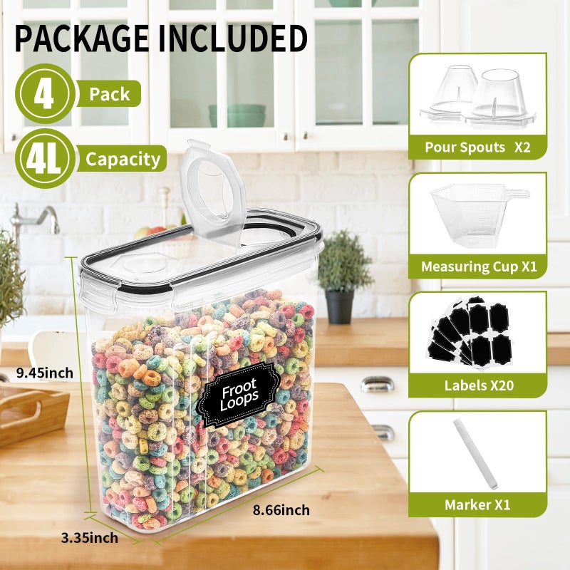 Skroam 4PCS Cereal Containers Storage [4L/135.2 oz], Airtight Food Storage Containers with Pour Spout for Kitchen & Pantry Organization Storage, Plastic Cereal Dispensers, Measuring Cup & 20 Labels - Image 2