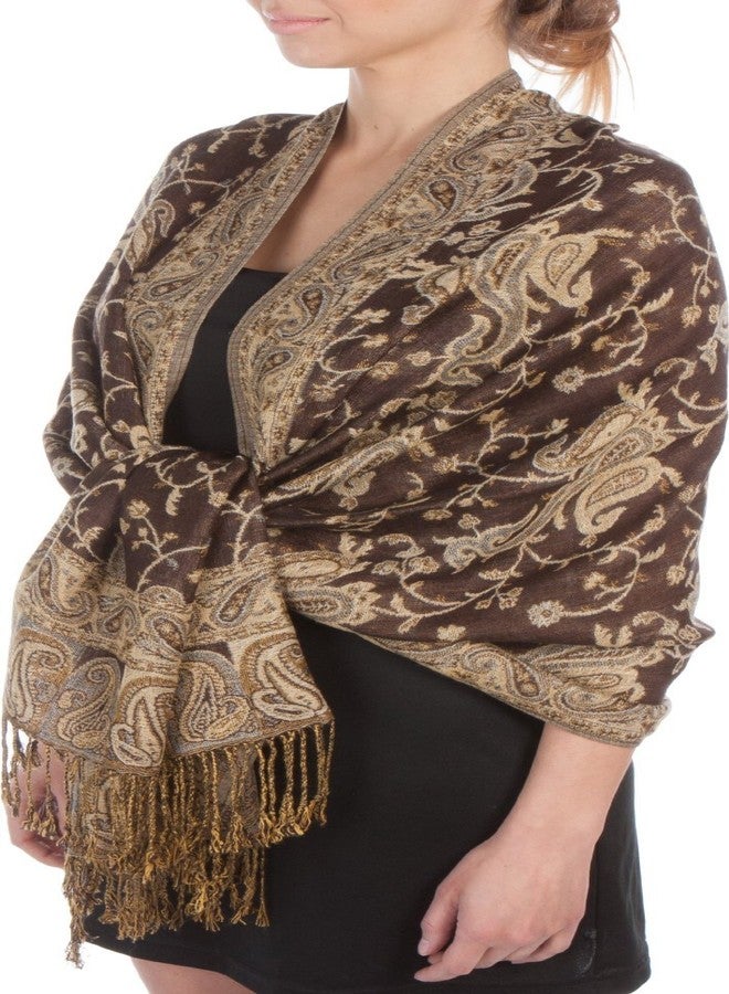Sakkas Soft Silky Double Layer Jacquard Paisley Pashmina Shawl/Wrap/Scarf - Chocolate Brown/Gold - Image 1