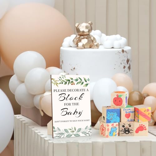 wookidel Baby Shower Games Sign Kit with 50 Blank Wooden Baby Blocks, 24 Acrylic Paint Marker and Wooden Sign, Blocks for Baby Shower, Gender Reveals Party(Green) - Image 5