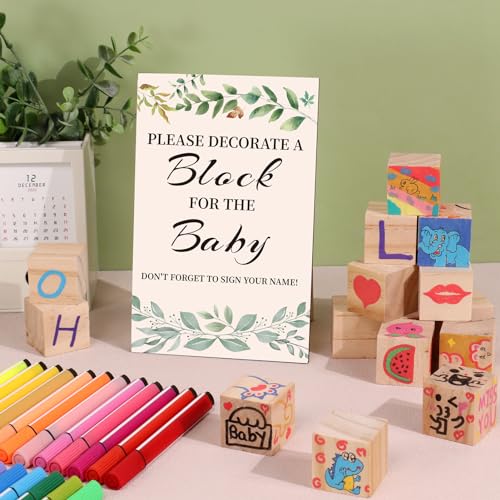 wookidel Baby Shower Games Sign Kit with 50 Blank Wooden Baby Blocks, 24 Acrylic Paint Marker and Wooden Sign, Blocks for Baby Shower, Gender Reveals Party(Green) - Image 4