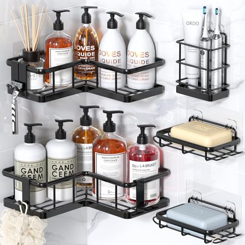 YASONIC Corner Shower Caddy Organizer, 5-Pack Adhesive Rustproof Stainless Steel Shower Shelves with Soap Holder, No Drilling Shower Storage Rack for Family Renters Bathroom, Black - Image 1