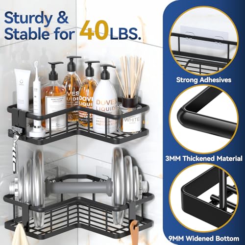 YASONIC Corner Shower Caddy Organizer, 5-Pack Adhesive Rustproof Stainless Steel Shower Shelves with Soap Holder, No Drilling Shower Storage Rack for Family Renters Bathroom, Black - Image 2