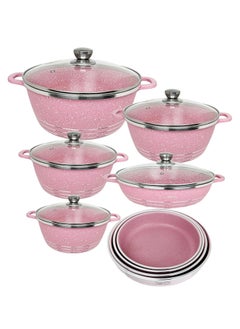 DESSINI 10 pieces Granite Coated Cookware set with 4 Pieces Bakeware Pan Set Pink 
