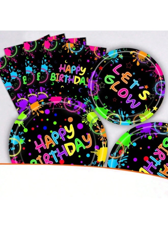 Birthday Decoration Set of 40 Pieces Including 10 Plates (7 Inch), 10 Plates (9 Inch), 10 Paper Cups, and 10 Napkins – Featuring a Unique Neon Color Design Perfect for Birthday Celebrations and Party Decorations - Image 1