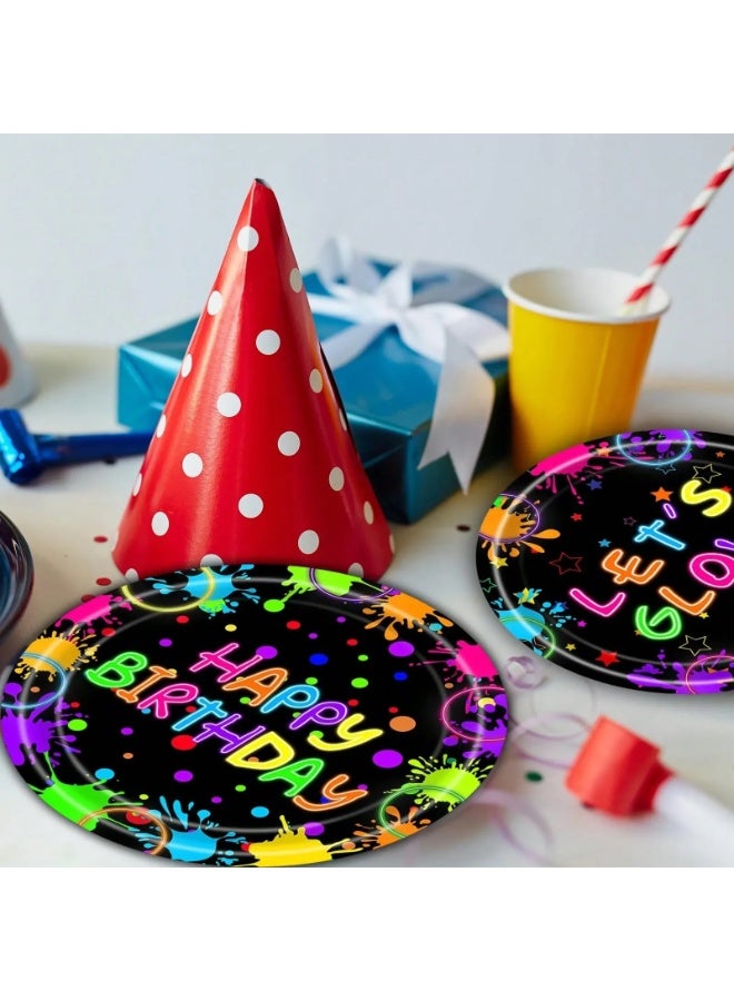 Birthday Decoration Set of 40 Pieces Including 10 Plates (7 Inch), 10 Plates (9 Inch), 10 Paper Cups, and 10 Napkins – Featuring a Unique Neon Color Design Perfect for Birthday Celebrations and Party Decorations - Image 2