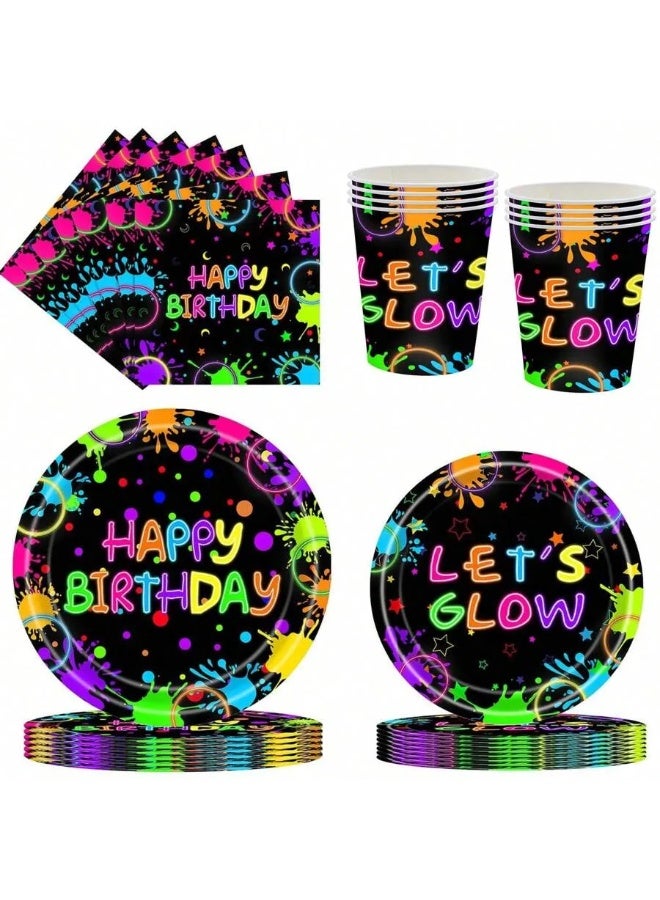 Birthday Decoration Set of 40 Pieces Including 10 Plates (7 Inch), 10 Plates (9 Inch), 10 Paper Cups, and 10 Napkins – Featuring a Unique Neon Color Design Perfect for Birthday Celebrations and Party Decorations - Image 3