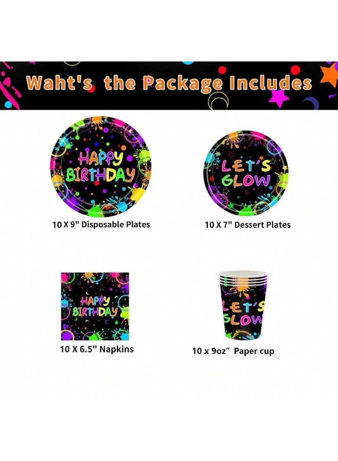 Birthday Decoration Set of 40 Pieces Including 10 Plates (7 Inch), 10 Plates (9 Inch), 10 Paper Cups, and 10 Napkins – Featuring a Unique Neon Color Design Perfect for Birthday Celebrations and Party Decorations - Image 4