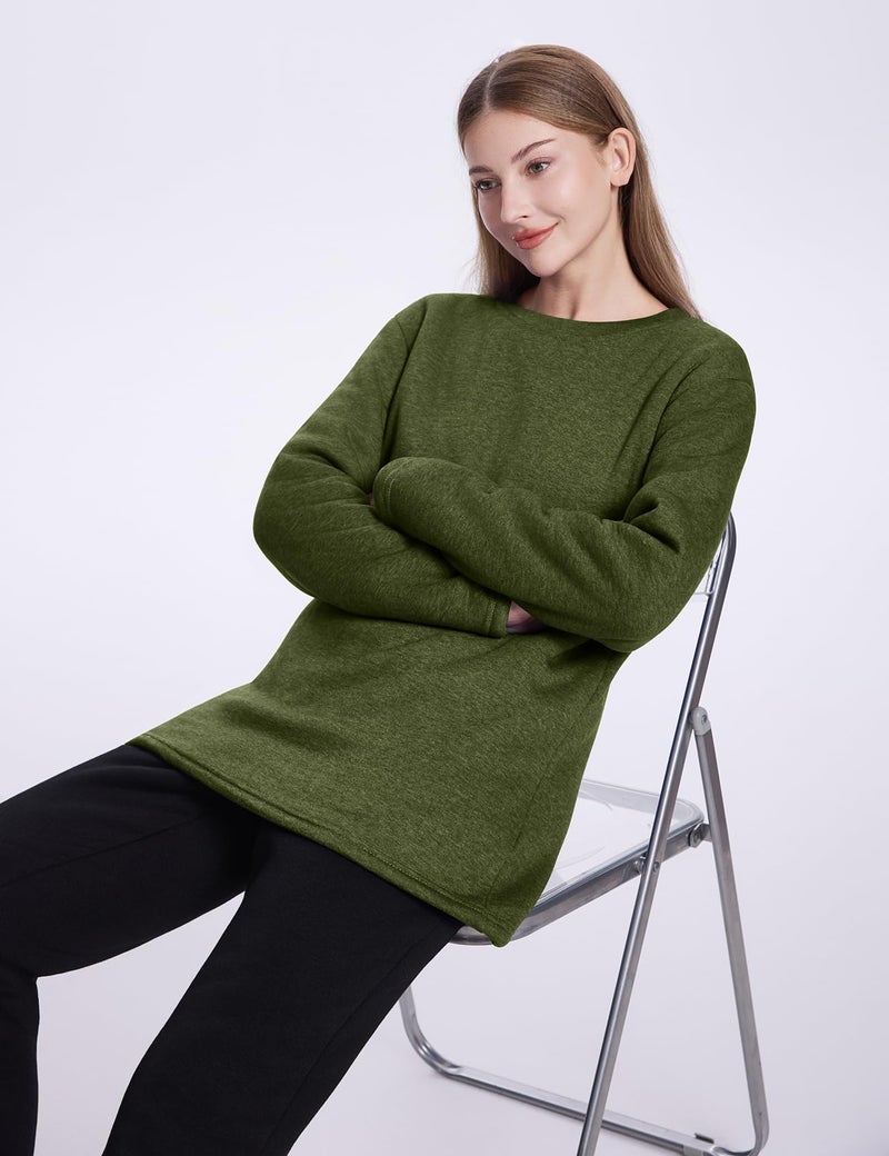 PEHMEA Women's Winter Warm Sherpa Lined Fleece Sweatshirt Crewneck Sport Pullover Loungewear Tops(Army Green-M) - Image 2