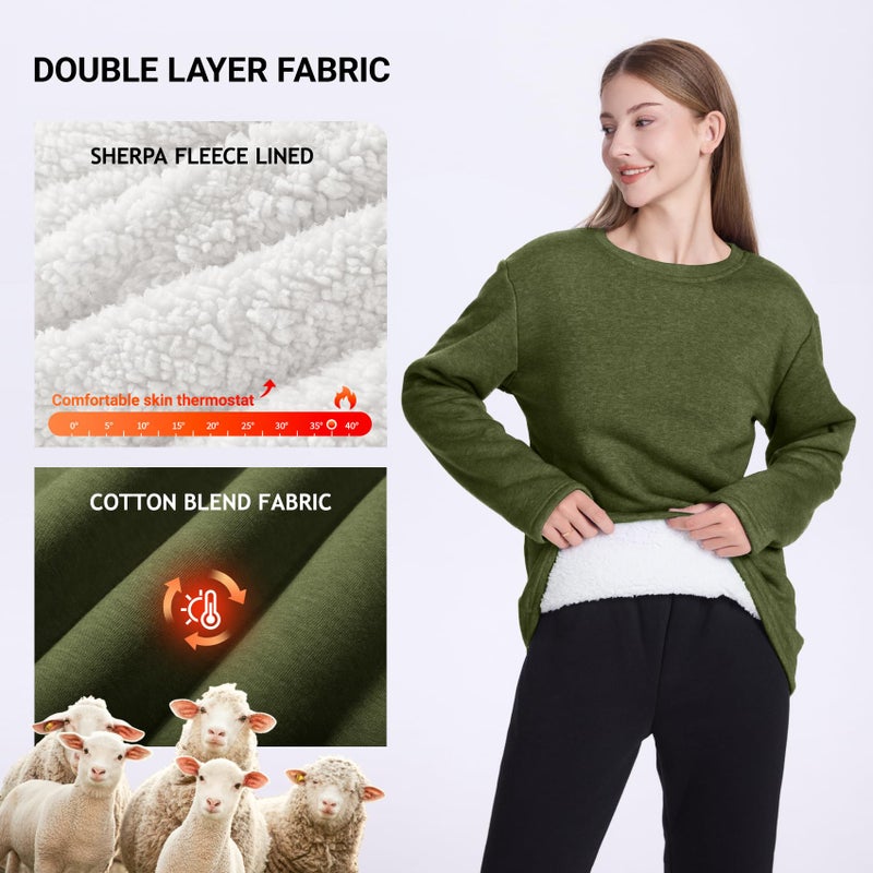 PEHMEA Women's Winter Warm Sherpa Lined Fleece Sweatshirt Crewneck Sport Pullover Loungewear Tops(Army Green-M) - Image 4