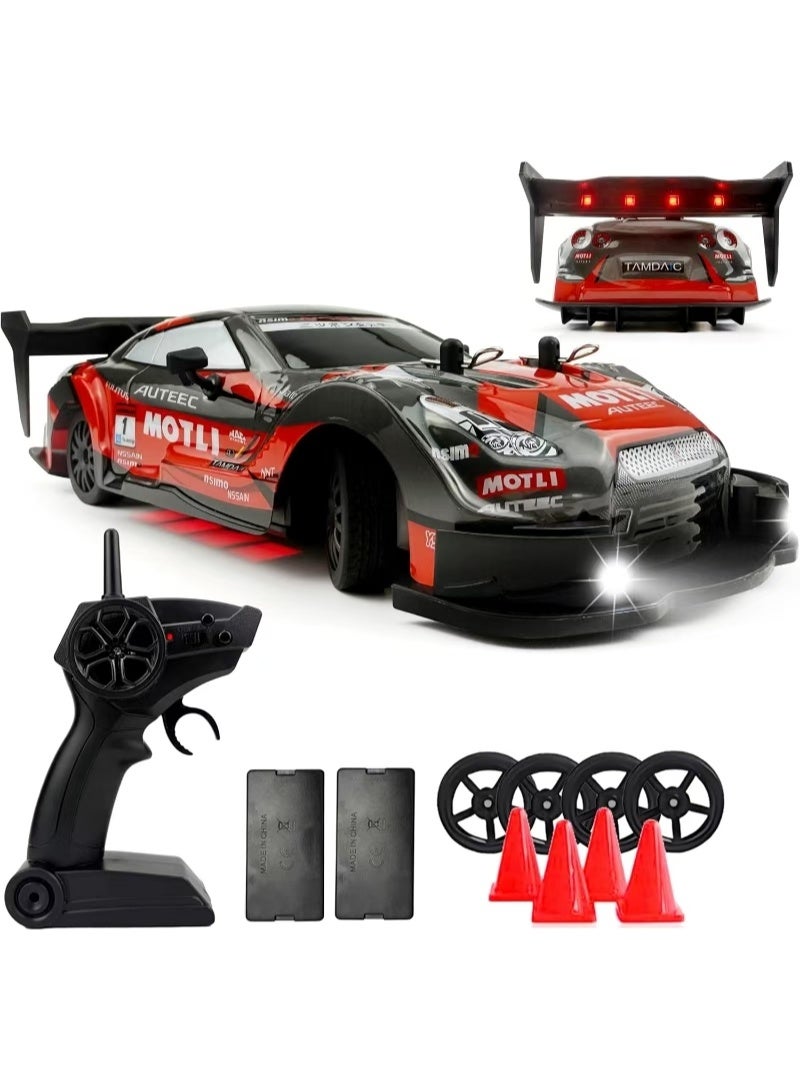 Taizz Ventures 1:16 RC Drift Car 4WD High Speed 28km/h Remote Control Car with LED Lights, 2.4GHz Racing Sport RC Cars with Drifting and Racing Tires, 2 Rechargeable Batteries – Drift Toy Car for Kids and Adults - Red