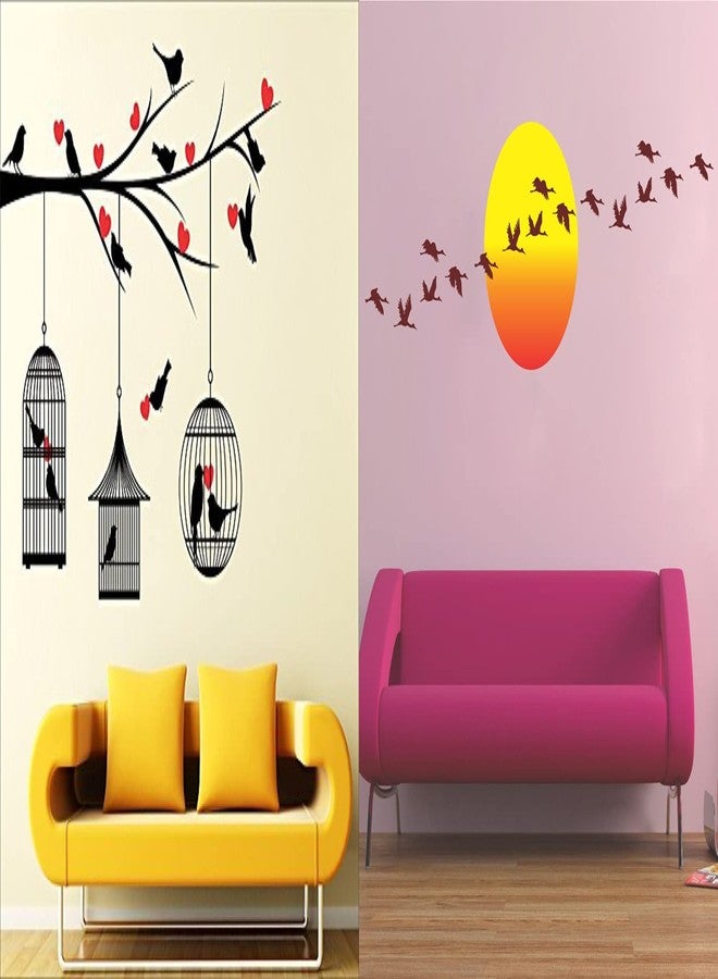 Walltech Set of 2 Wall Sticker Love Birds with Hearts and Sunrise with Flying Birds Wall Sticker - Image 1