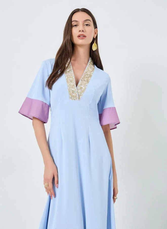 Take Two Blue Color Block Sequin Detail Maxi Dress