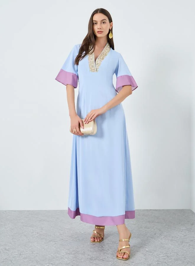 Take Two Blue Color Block Sequin Detail Maxi Dress