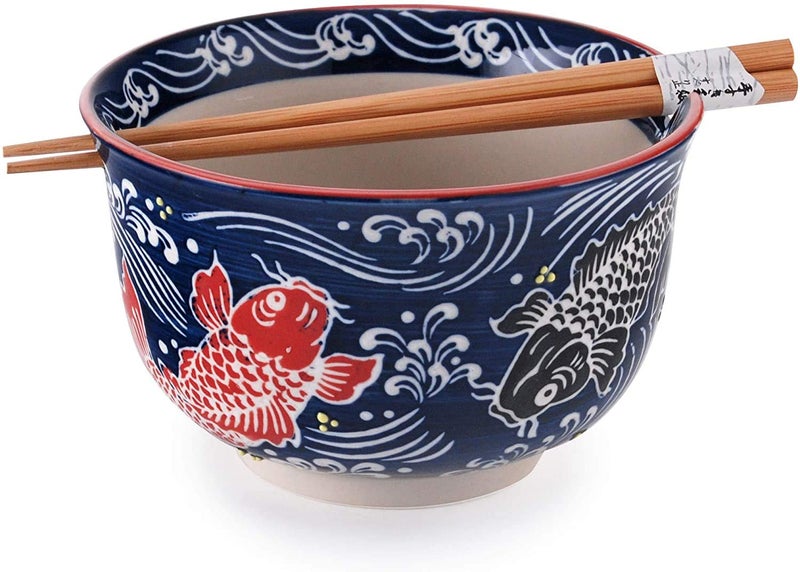 Happy Sales Happy Sales  Multi Purpose 6.25"" D Large Ramen Udon Soba Pho Noodle Donburi Rice Tayo Bowl with Chopsticks (RedBlackCoi) 
