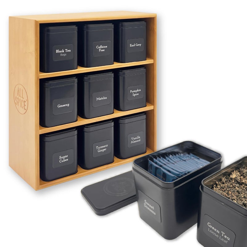 AllSpice Tea Organizer Rack with 9 Tins  160 Magnetic Labels  Perfect for Bagged  Loose Leaf Tea Organization  Bamboo