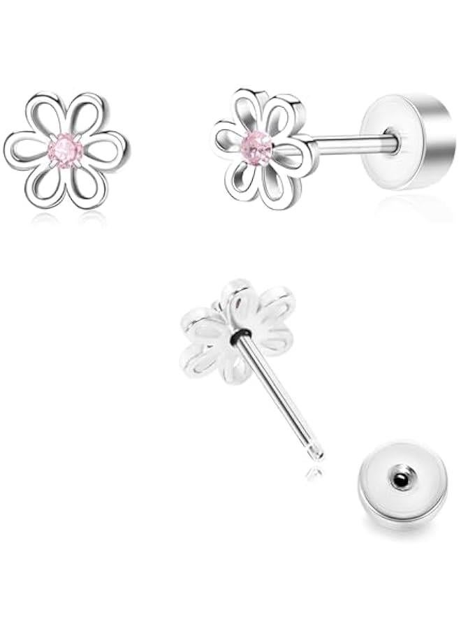 Arabest Toddler Earrings for Girls Push-in Titanium Hypoallergenic Threadless Flat Back Earrings for Women Sensitive Ears Cartilage Cute Small Pearl Star Flower Heart Pink Cubic Zirconia Studs - Image 1