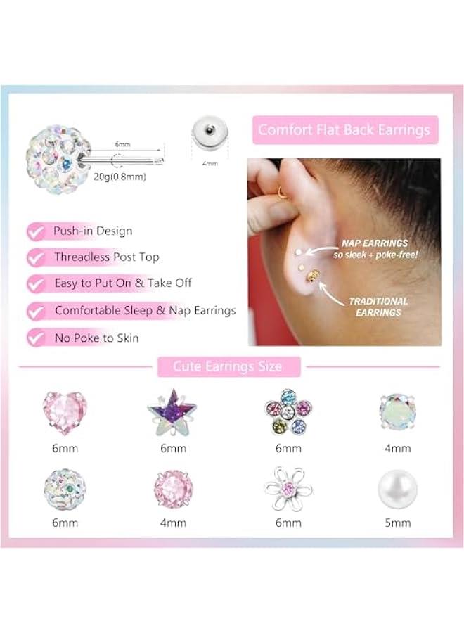 Arabest Toddler Earrings for Girls Push-in Titanium Hypoallergenic Threadless Flat Back Earrings for Women Sensitive Ears Cartilage Cute Small Pearl Star Flower Heart Pink Cubic Zirconia Studs - Image 3