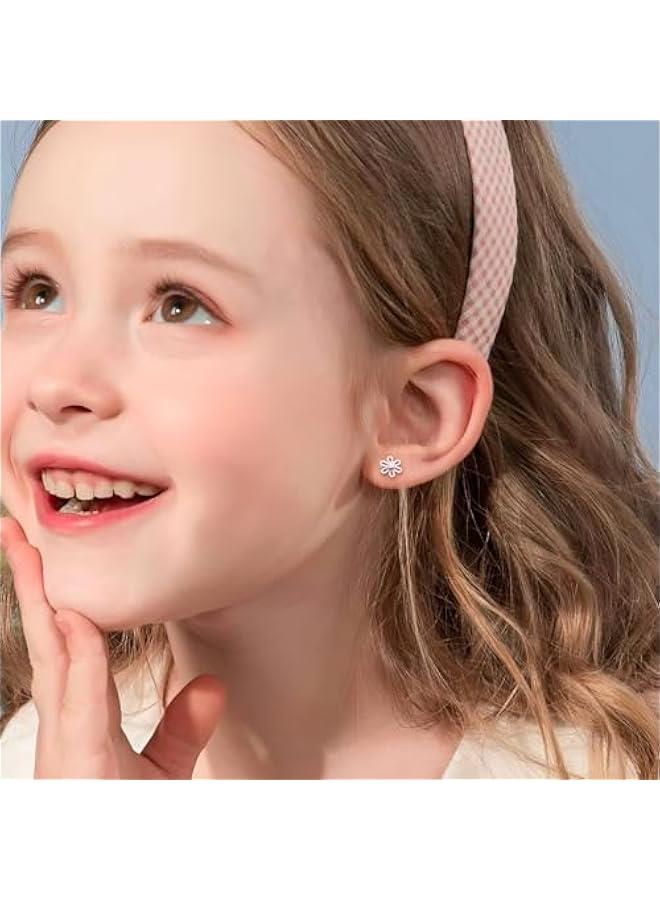 Arabest Toddler Earrings for Girls Push-in Titanium Hypoallergenic Threadless Flat Back Earrings for Women Sensitive Ears Cartilage Cute Small Pearl Star Flower Heart Pink Cubic Zirconia Studs - Image 4